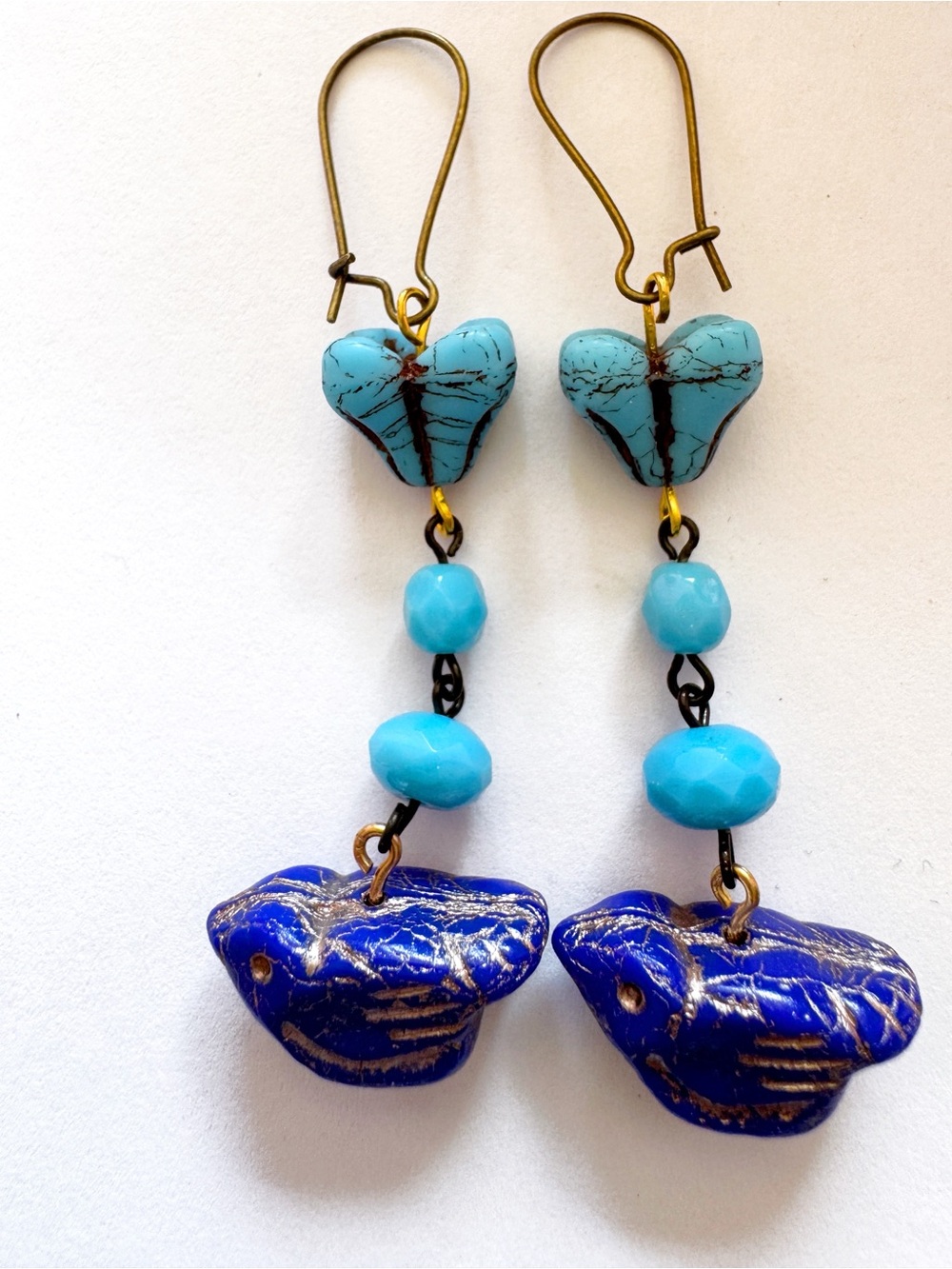 Turquoise & Cobalt Blue Bird Drop Earrings • Handmade Boho Statement - Picture 2 of 4